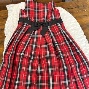 Red Plaid Sleeveless Dress with Black Bow
